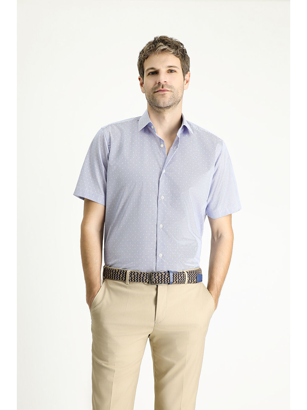 Mavi Kısa Kol Regular Fit Desenli Pamuklu Kolay Ütülenebilir Büyük Beden Gömlek