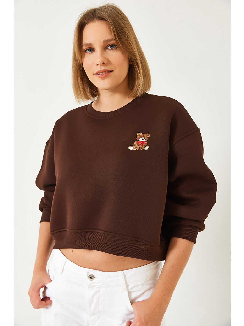Kahverengi Kadın Üç İplik Şardonlu Ayıcık İşlemeli Sweatshirt-4