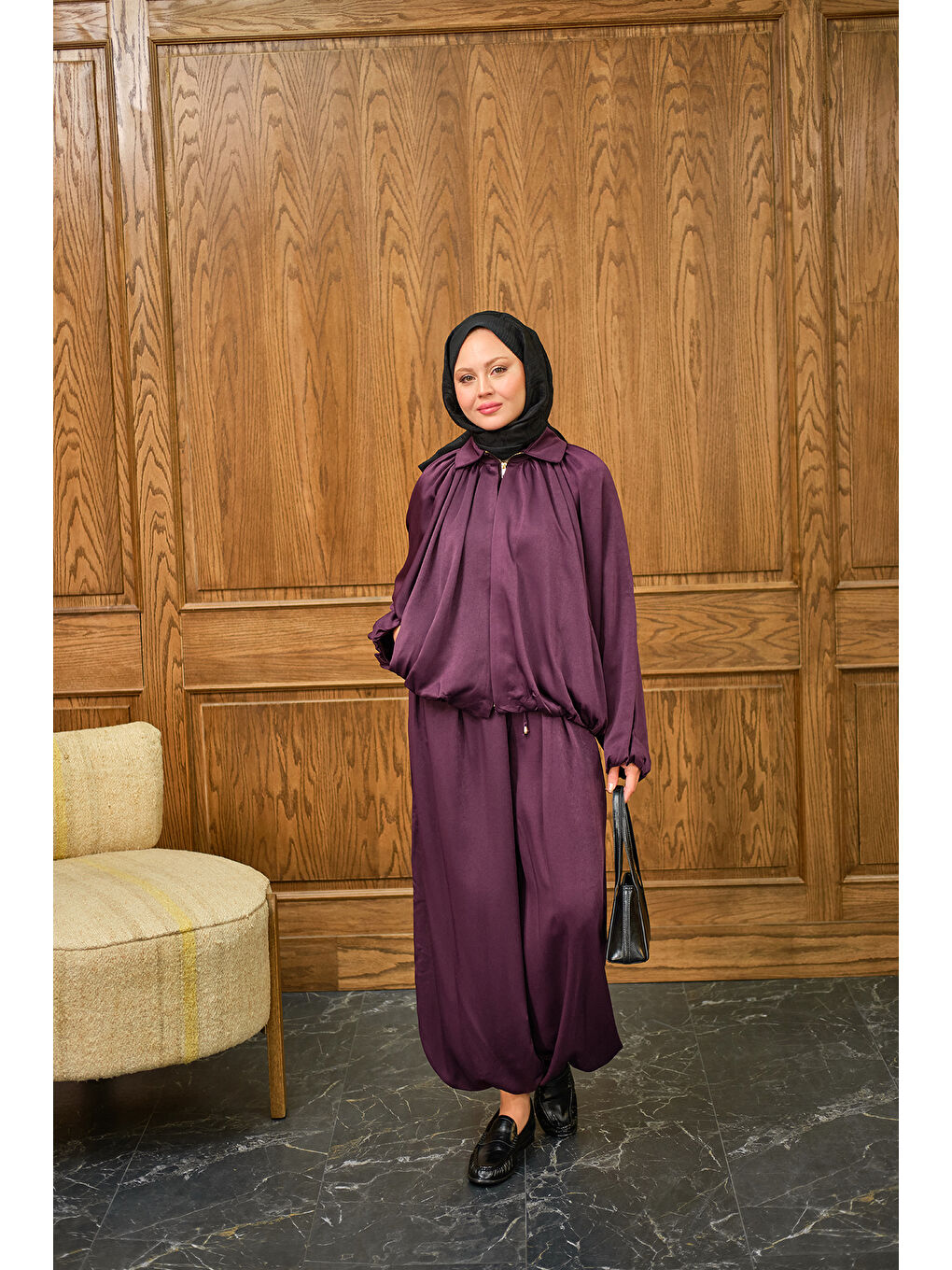 Kadın Gizli Fermuar Detay Takım Mürdüm-2