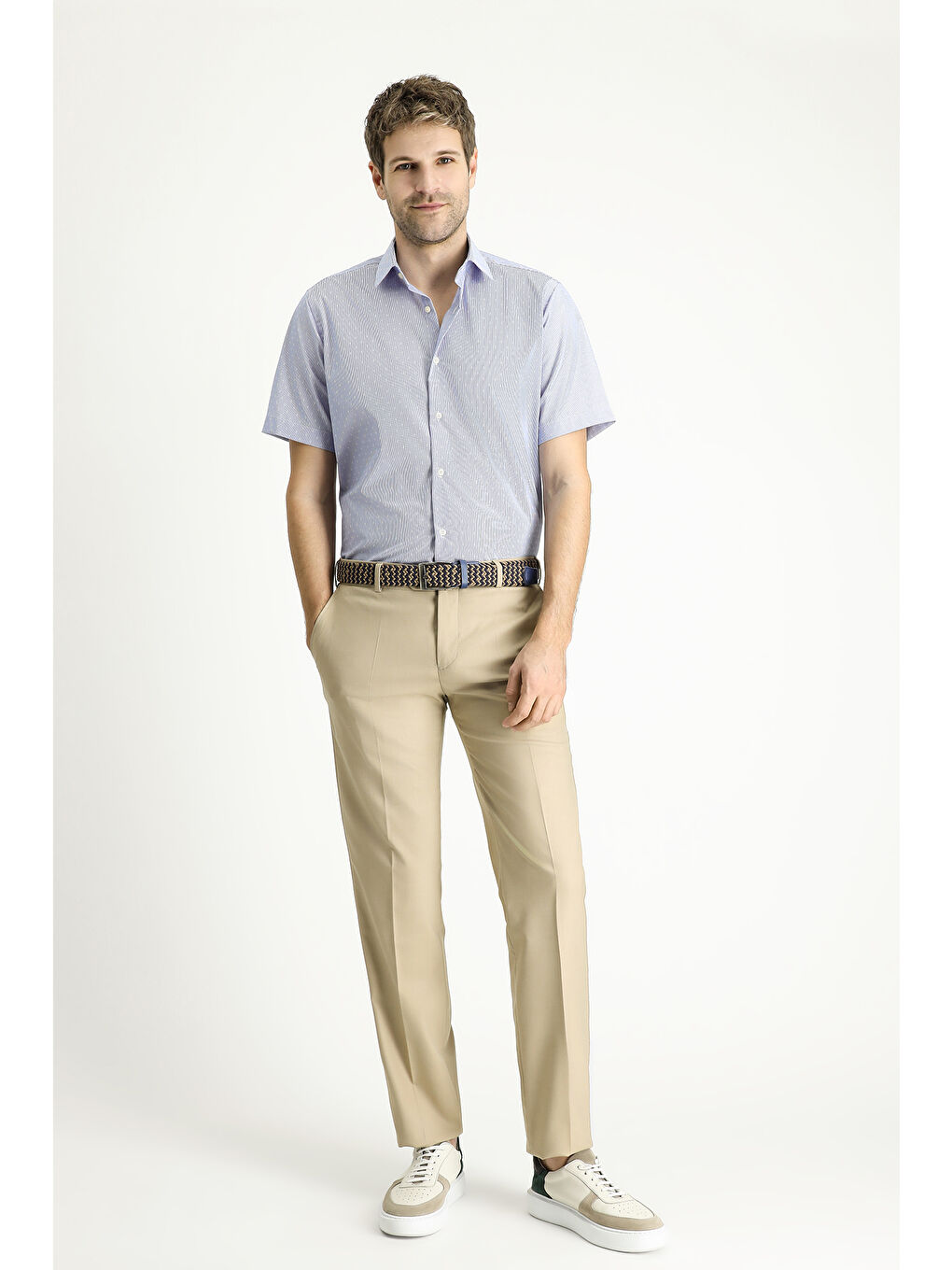 Mavi Kısa Kol Regular Fit Desenli Pamuklu Kolay Ütülenebilir Büyük Beden Gömlek-1