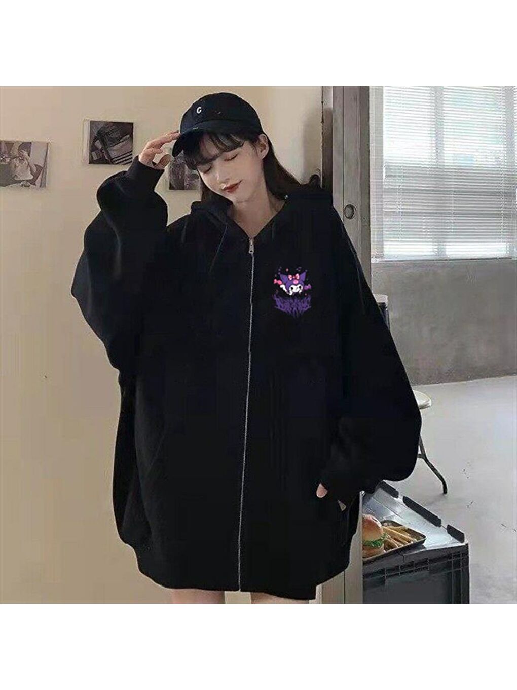 Touz Moda Siyah Kuromi Baskılı Oversize Fermuarlı Siyah Unisex Kapüşonlu Hırka