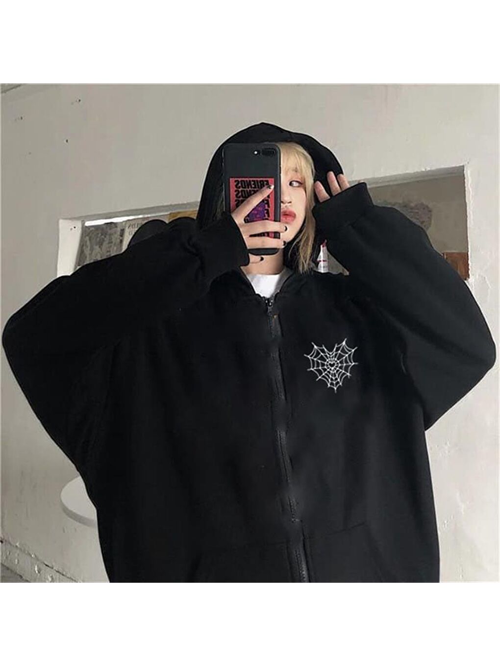 Touz Moda Siyah Spider Web Heart Baskılı Oversize Fermuarlı Siyah Unisex Kapüşonlu Hırka