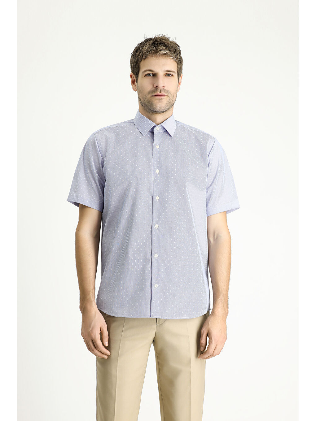 Mavi Kısa Kol Regular Fit Desenli Pamuklu Kolay Ütülenebilir Büyük Beden Gömlek-2