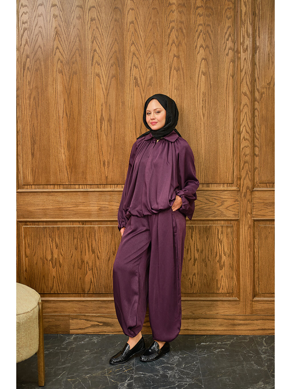 Kadın Gizli Fermuar Detay Takım Mürdüm-3