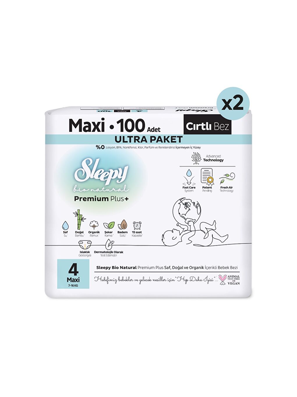 Bio Natural Premium Plus Ultra Paket Bebek Bezi 4 Numara Maxi 200 Adet-1
