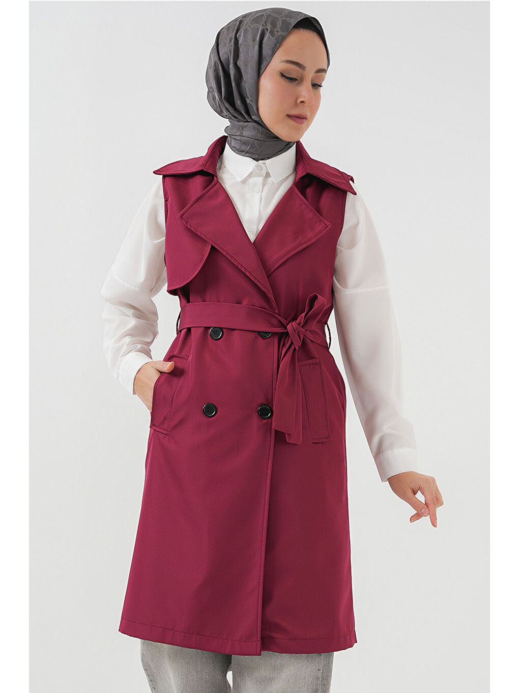 5911 Kruvaze Yaka Trençkot Yelek - Bordo