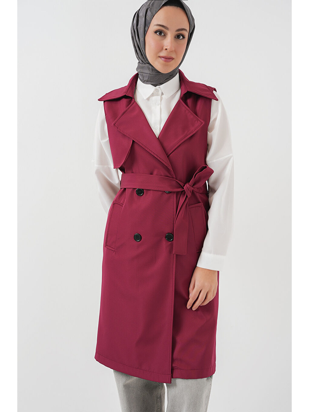 5911 Kruvaze Yaka Trençkot Yelek - Bordo-2