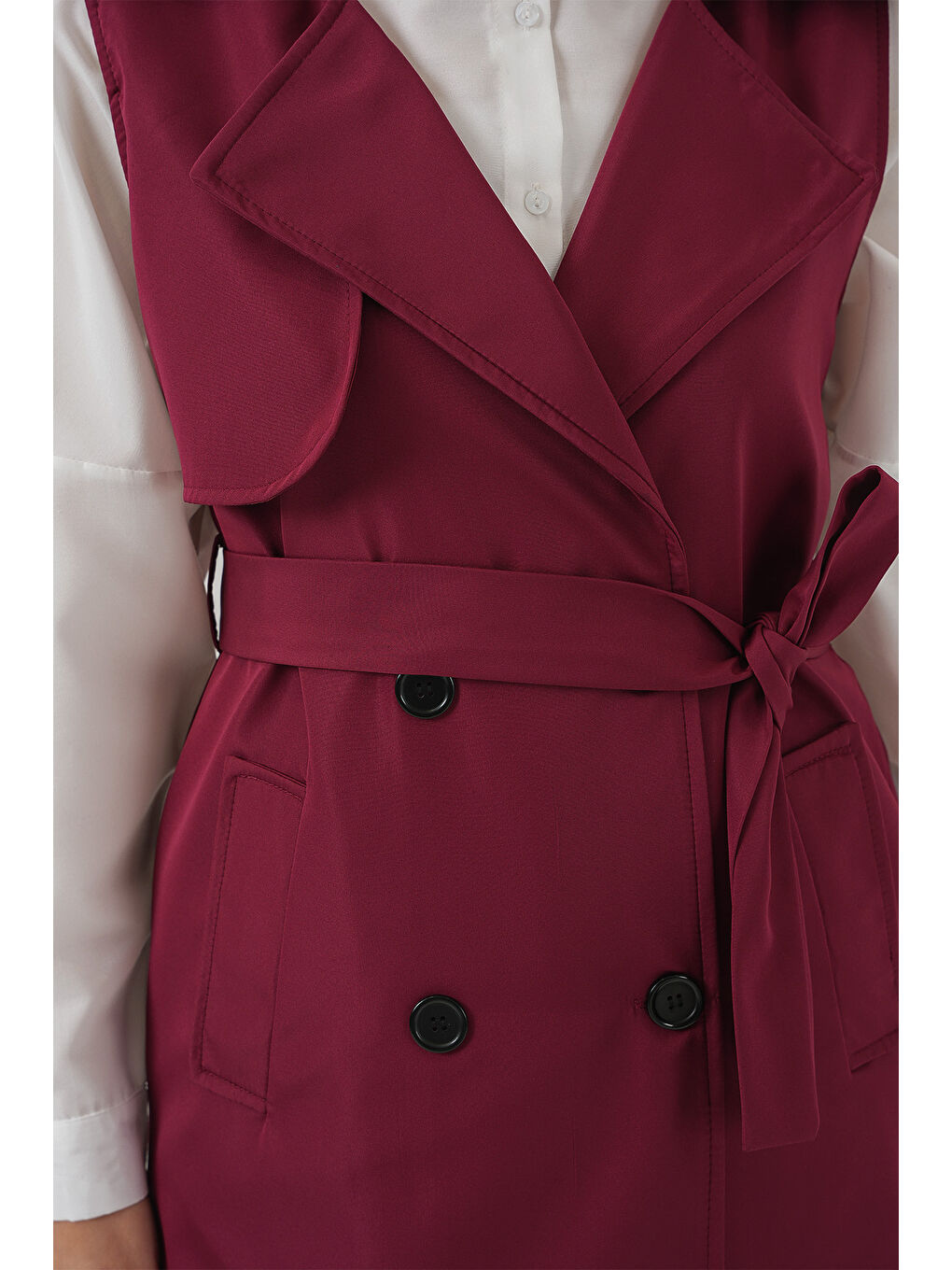 5911 Kruvaze Yaka Trençkot Yelek - Bordo-3