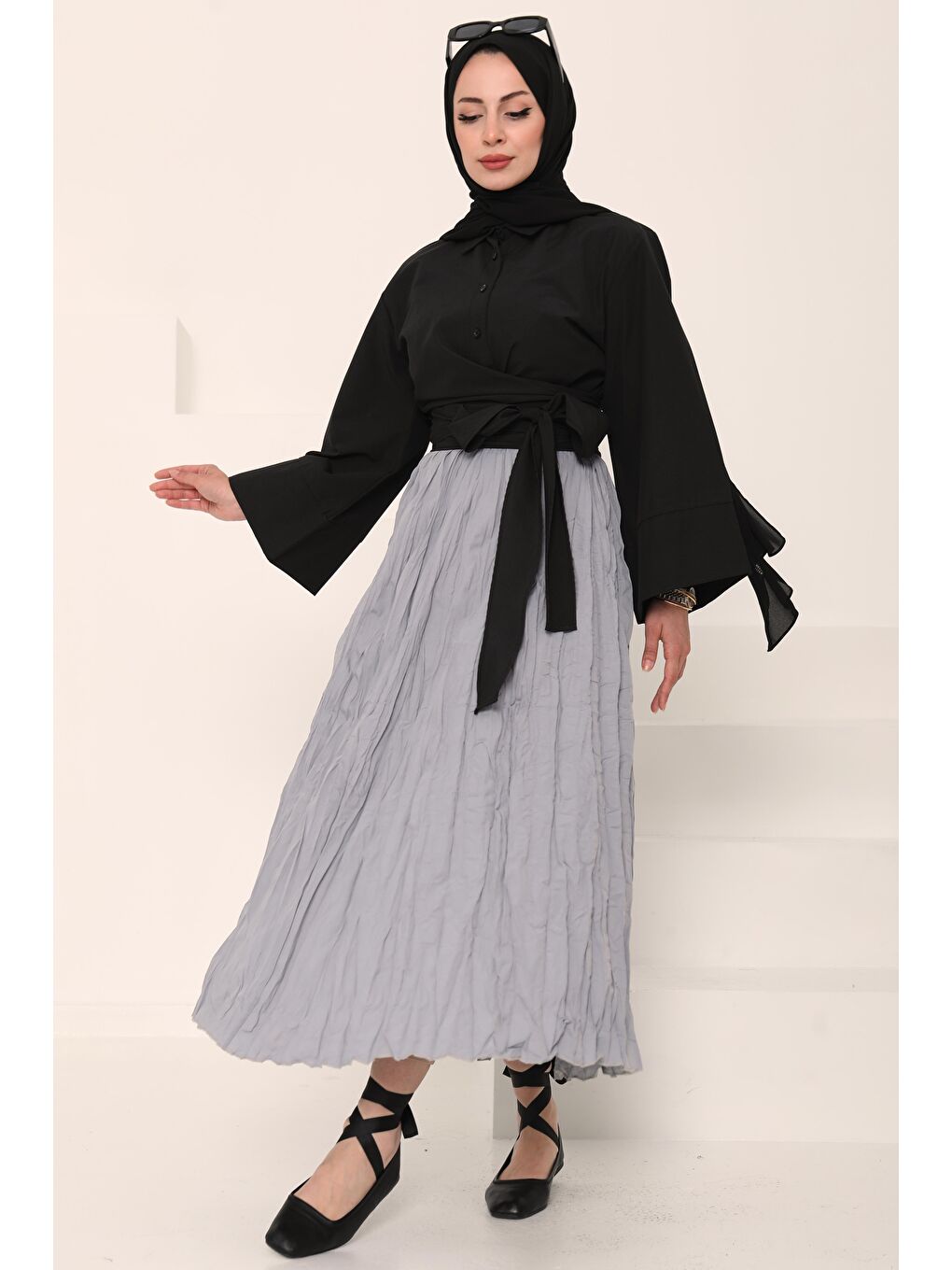 Beli Lastikli Kırışık Etek Gri - 27013