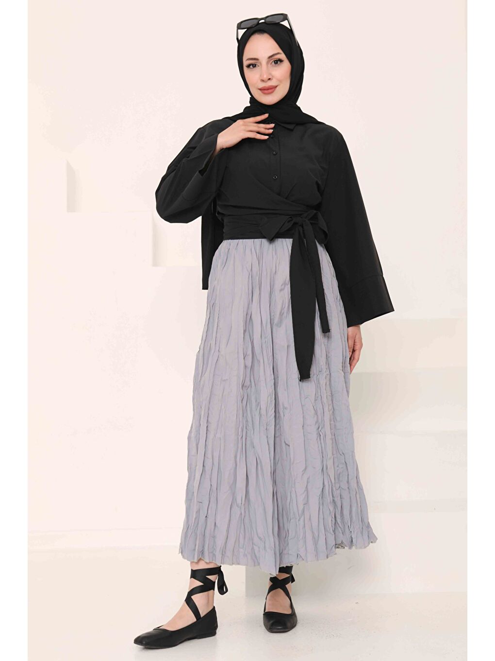 Beli Lastikli Kırışık Etek Gri - 27013-1