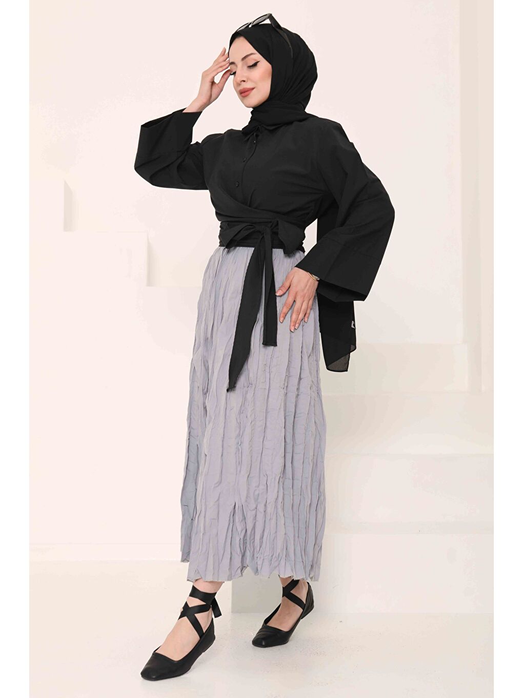 Beli Lastikli Kırışık Etek Gri - 27013-2