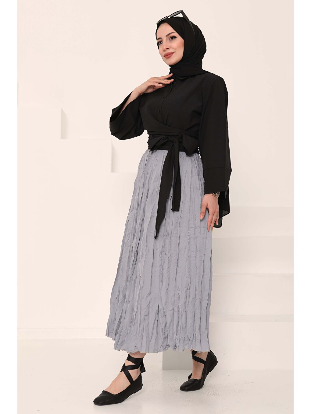 Beli Lastikli Kırışık Etek Gri - 27013-3