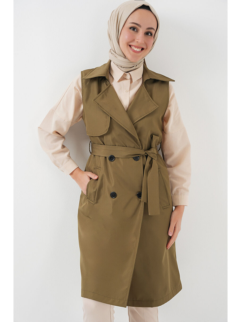 5911 Kruvaze Yaka Trençkot Yelek - Haki