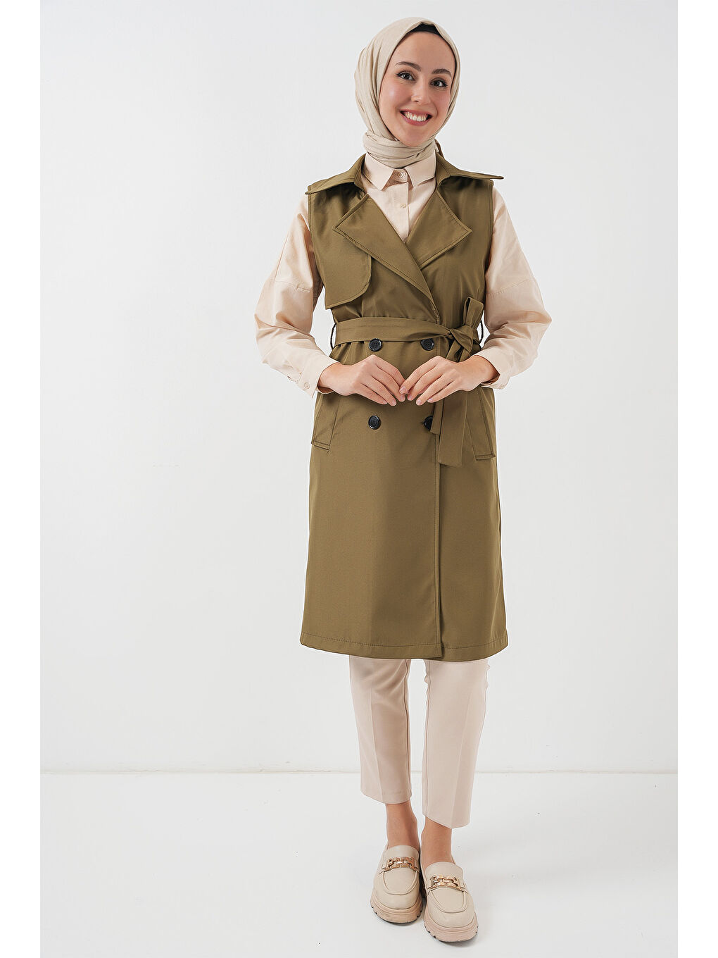 5911 Kruvaze Yaka Trençkot Yelek - Haki-1