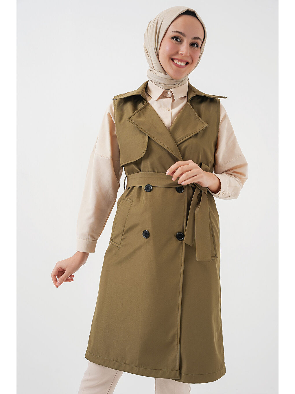 5911 Kruvaze Yaka Trençkot Yelek - Haki-2