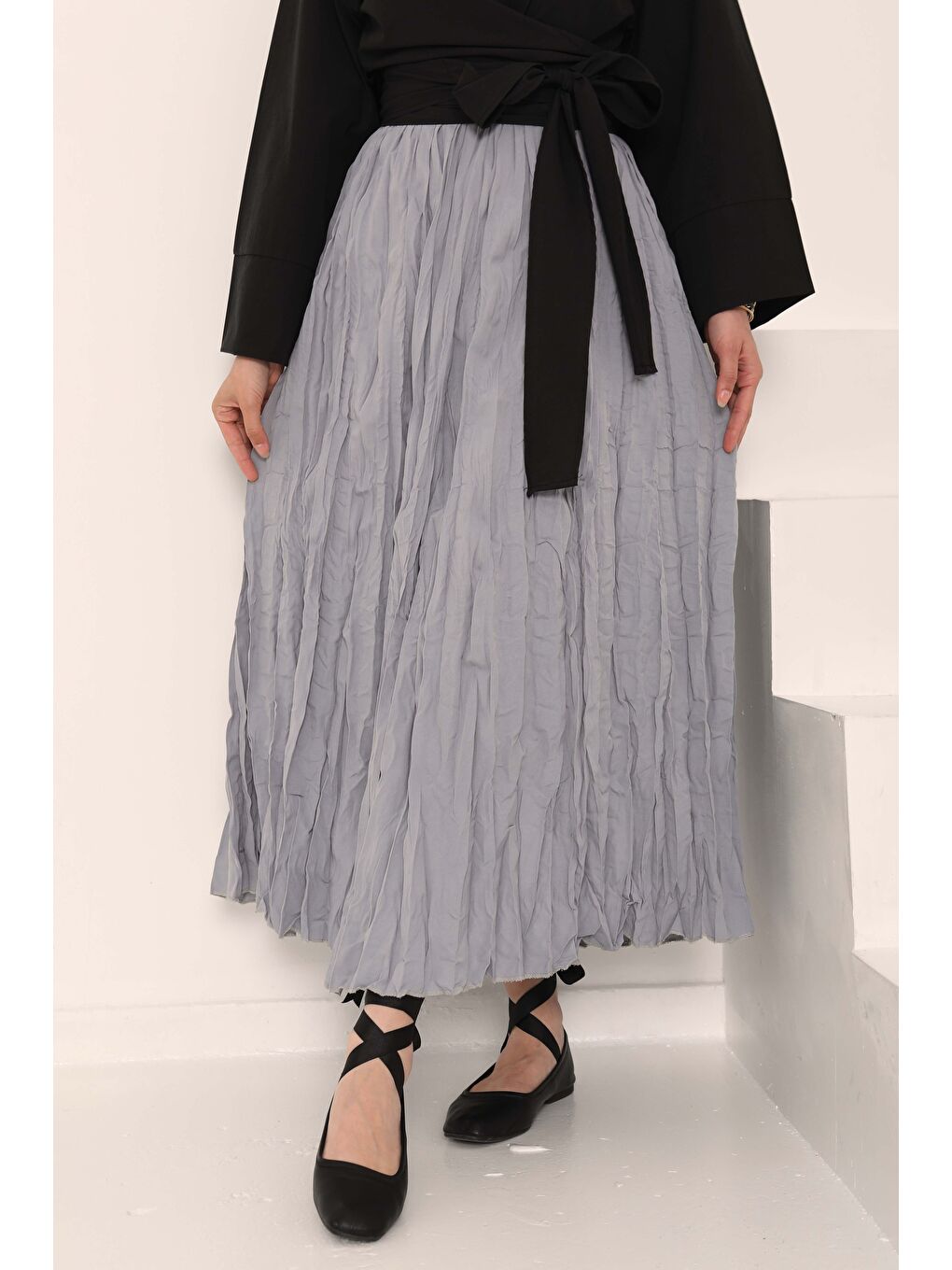 Beli Lastikli Kırışık Etek Gri - 27013-4