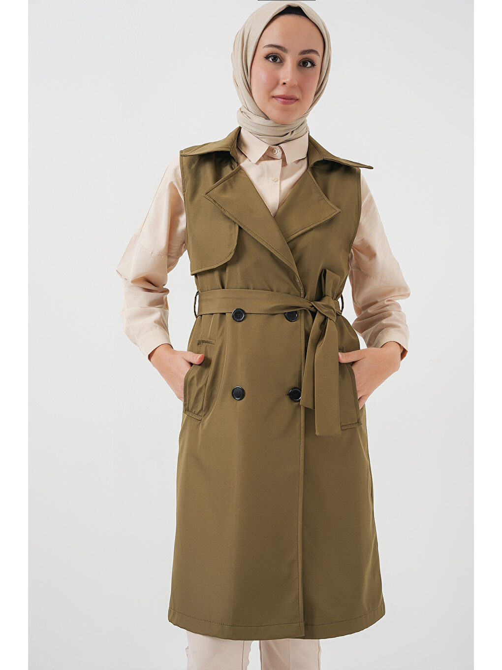 5911 Kruvaze Yaka Trençkot Yelek - Haki-3