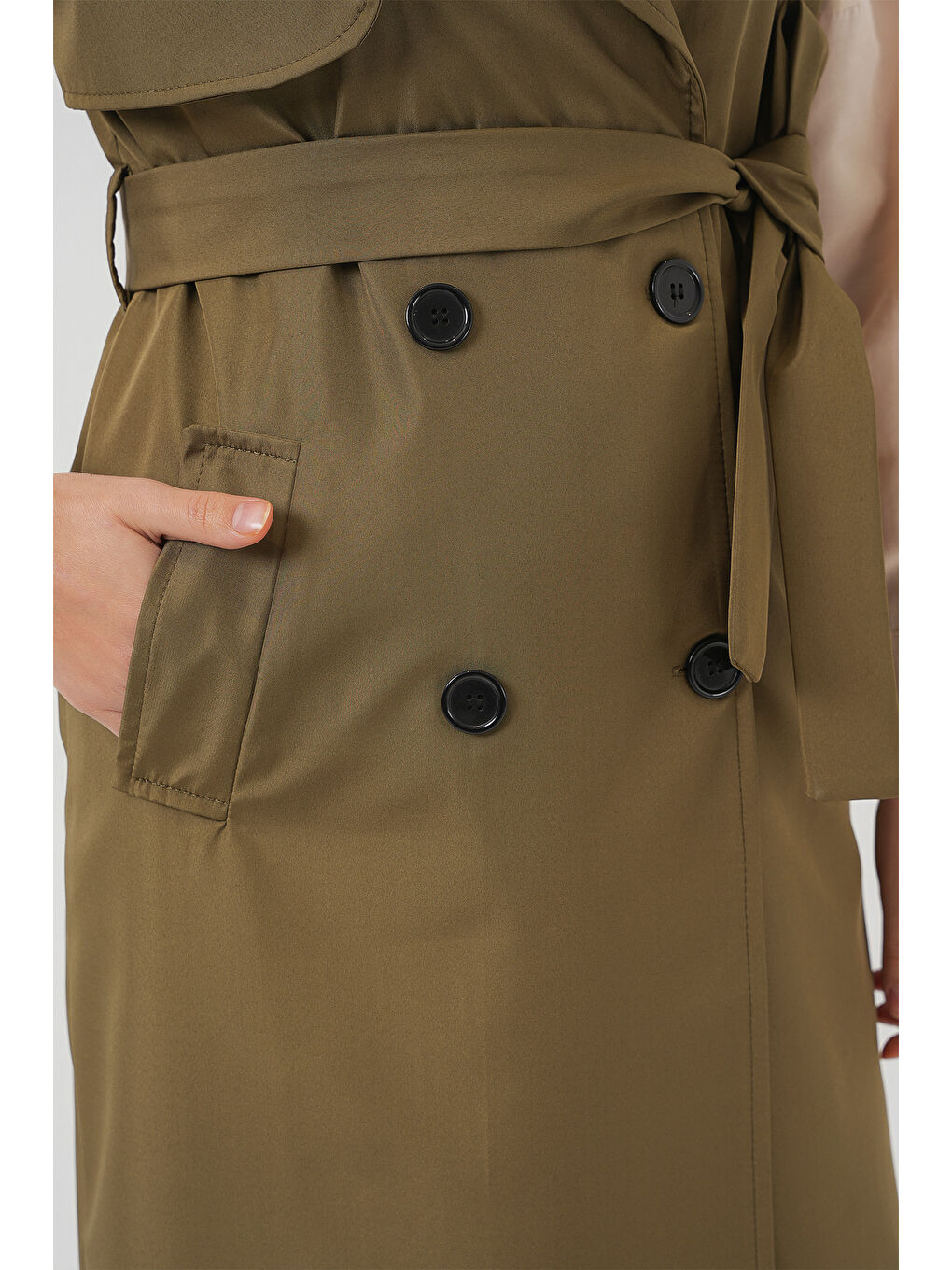 5911 Kruvaze Yaka Trençkot Yelek - Haki-4