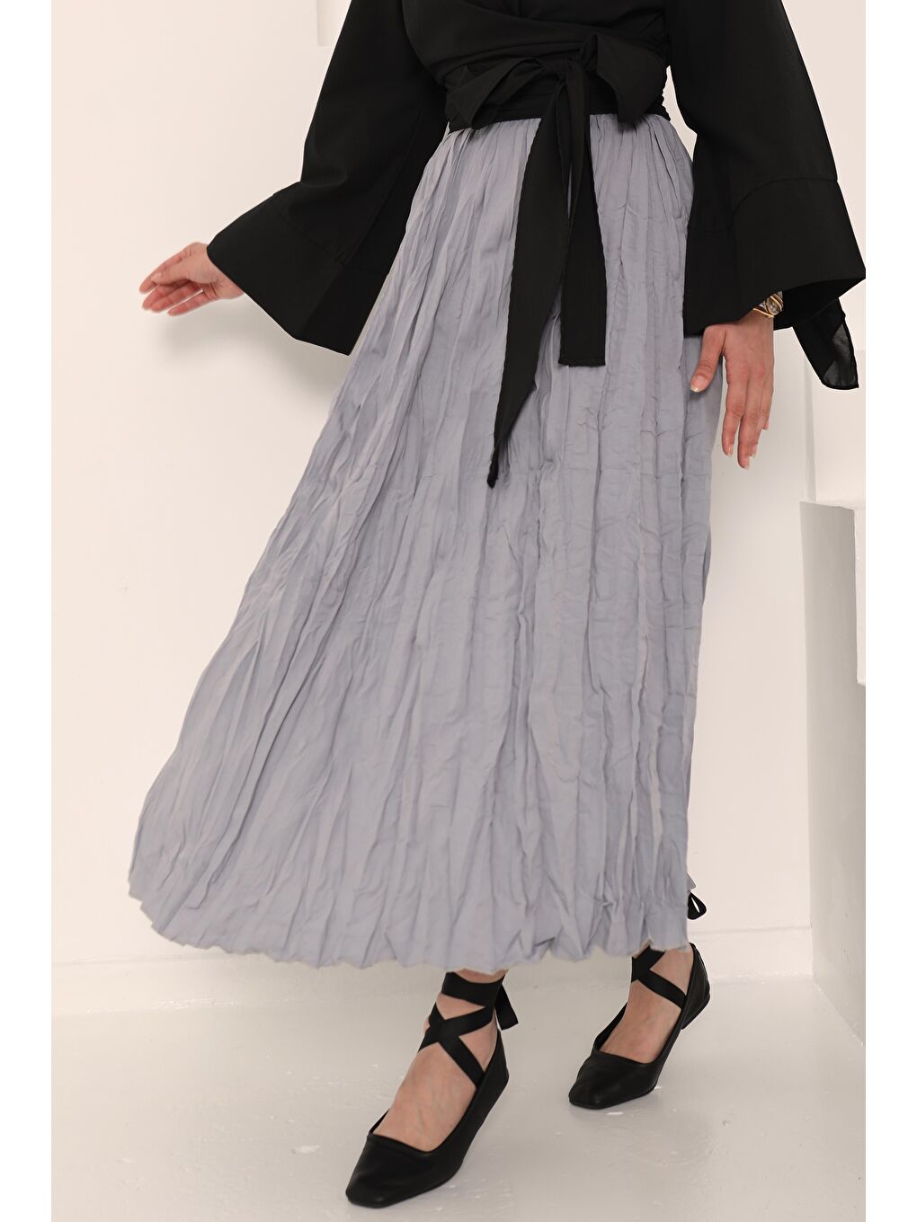 Beli Lastikli Kırışık Etek Gri - 27013-5