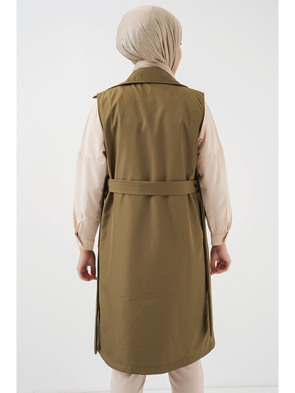 5911 Kruvaze Yaka Trençkot Yelek - Haki-5