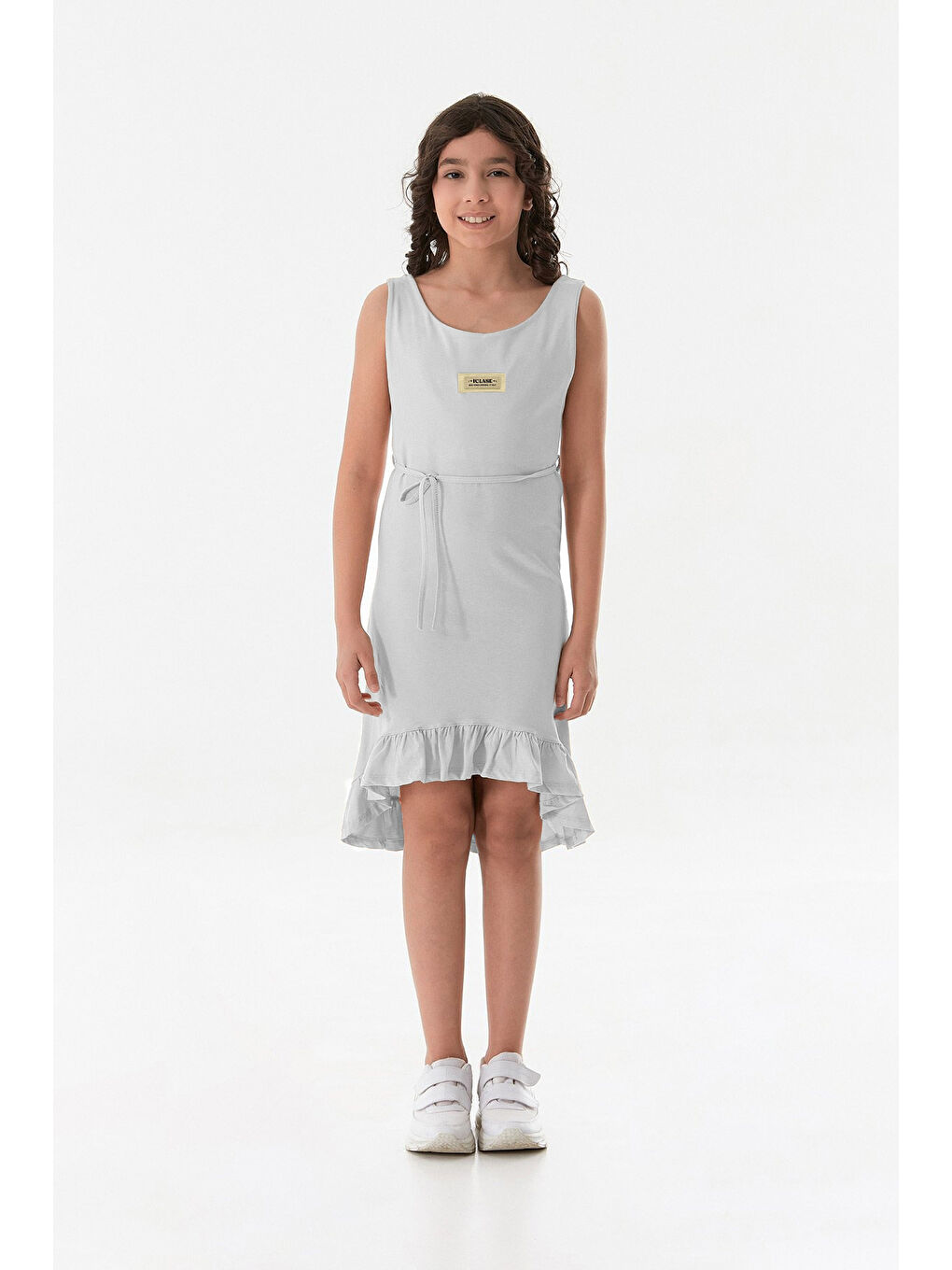 Gri Beli Bağlamalı Eteği Fırfırlı Kız Çocuk Elbise-1