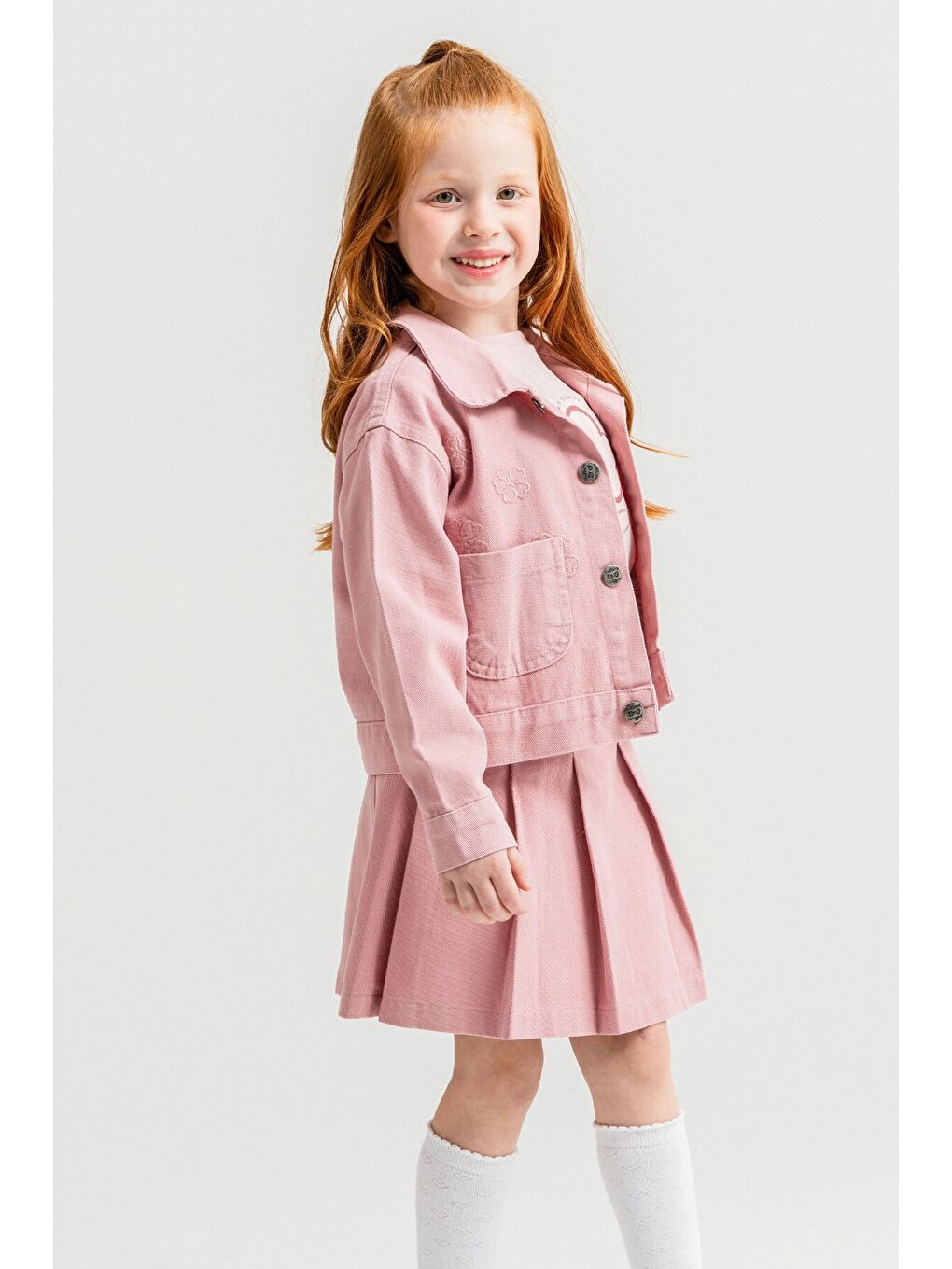 Pembe Gül Kurusu Papatya Nakışlı Ceketli Kız Çocuk Jean Ceketli 3lü Takım 23434-1