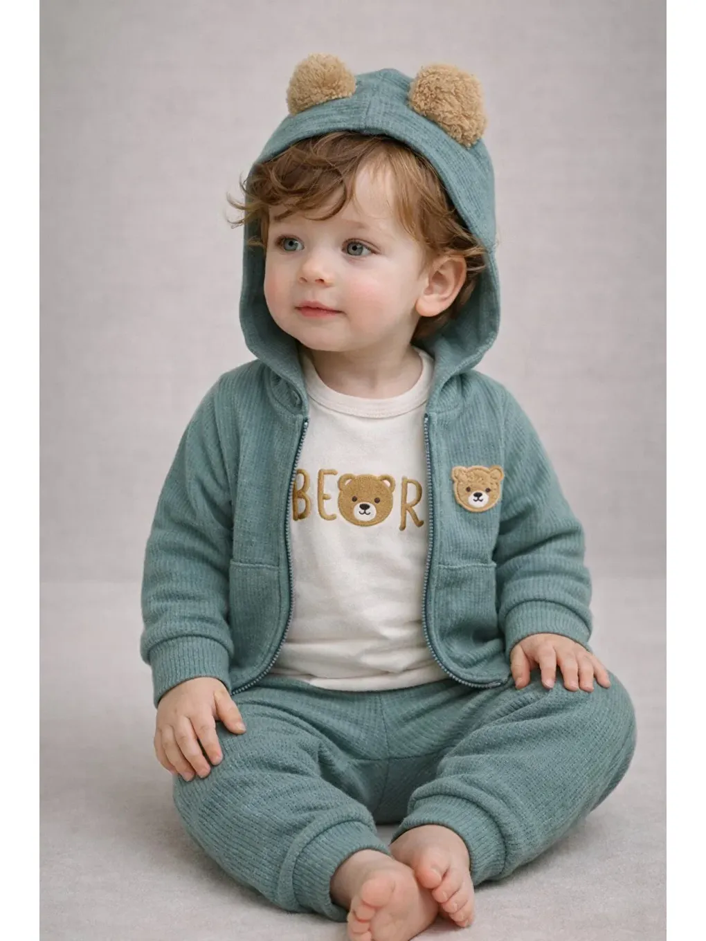 Yeşil Ayıcık Kulaklı Waffle Kumaş Hırkalı 3’lü Bebek Takımı (6-24 Ay)