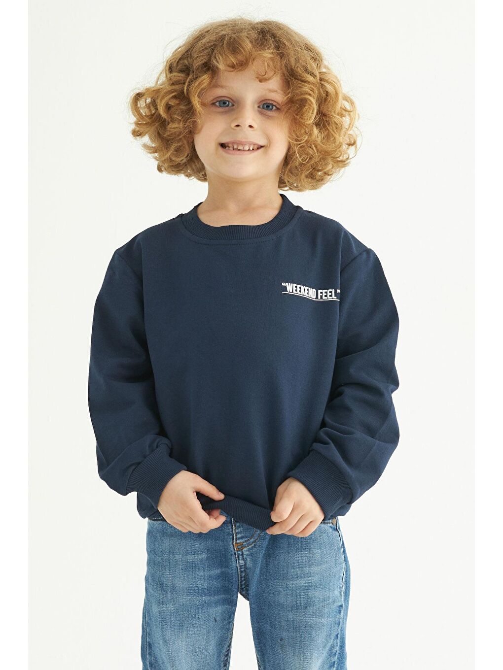 Lacivert Bisiklet Yaka Weekend Feel Baskılı Erkek Çocuk Sweatshirt-1