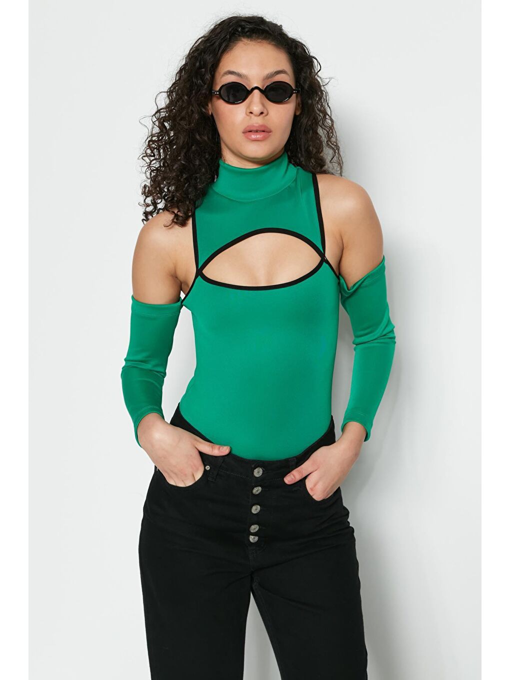 Pencere Detaylı Uzun Kollu Bodysuit 9154 Yeşil