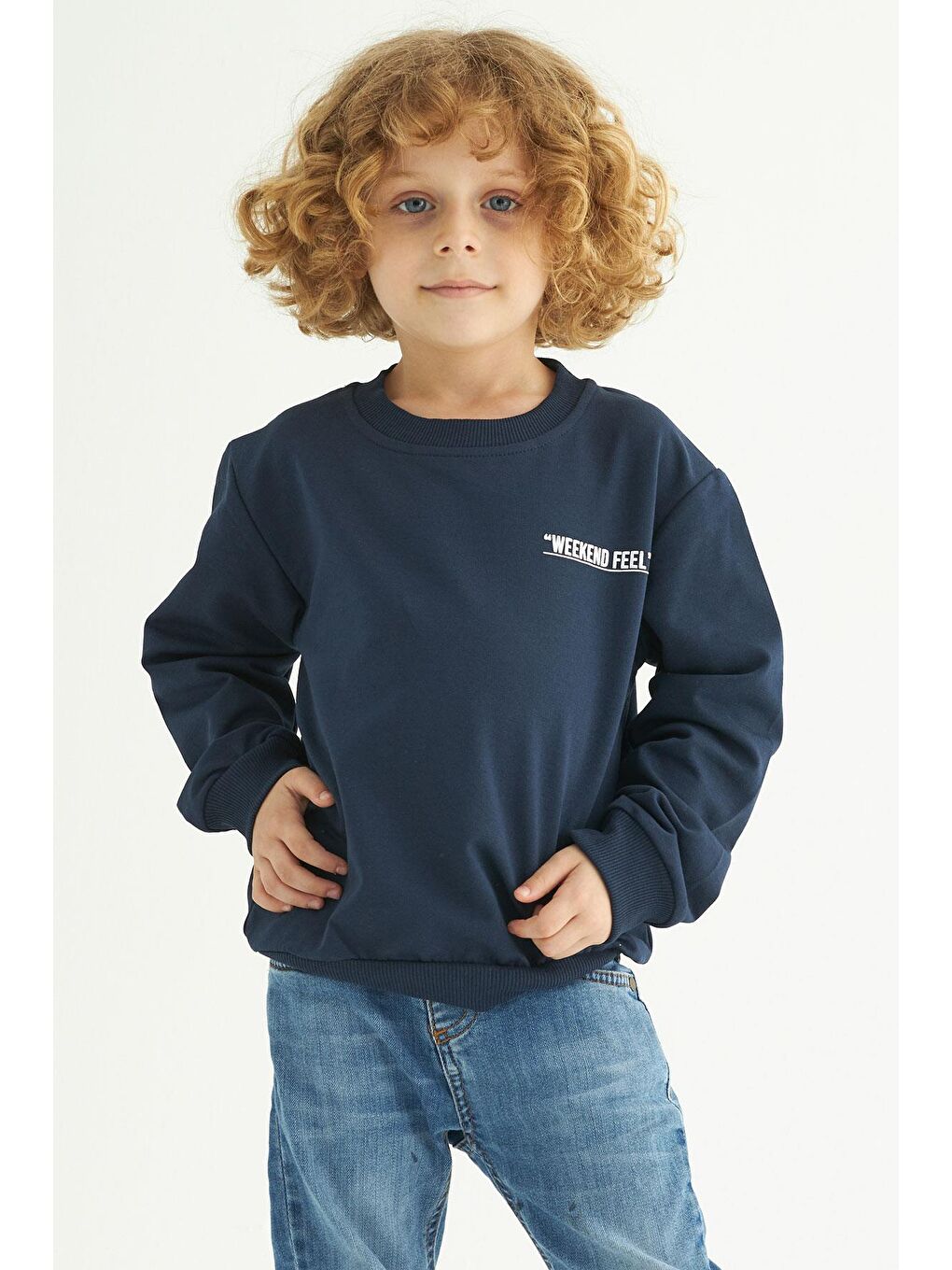 Lacivert Bisiklet Yaka Weekend Feel Baskılı Erkek Çocuk Sweatshirt-2
