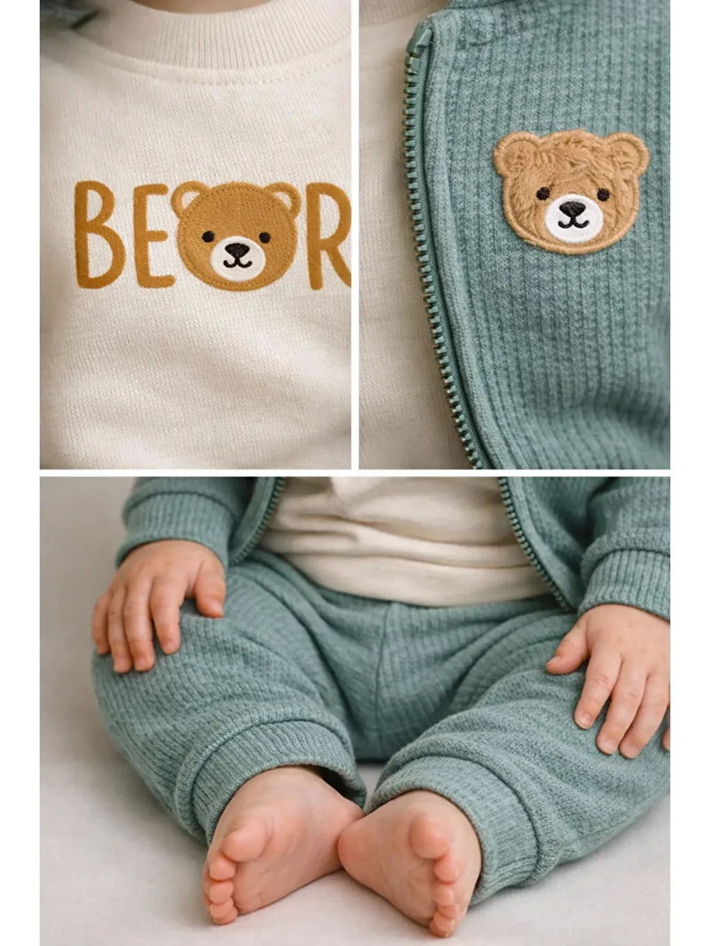 Yeşil Ayıcık Kulaklı Waffle Kumaş Hırkalı 3’lü Bebek Takımı (6-24 Ay)-1