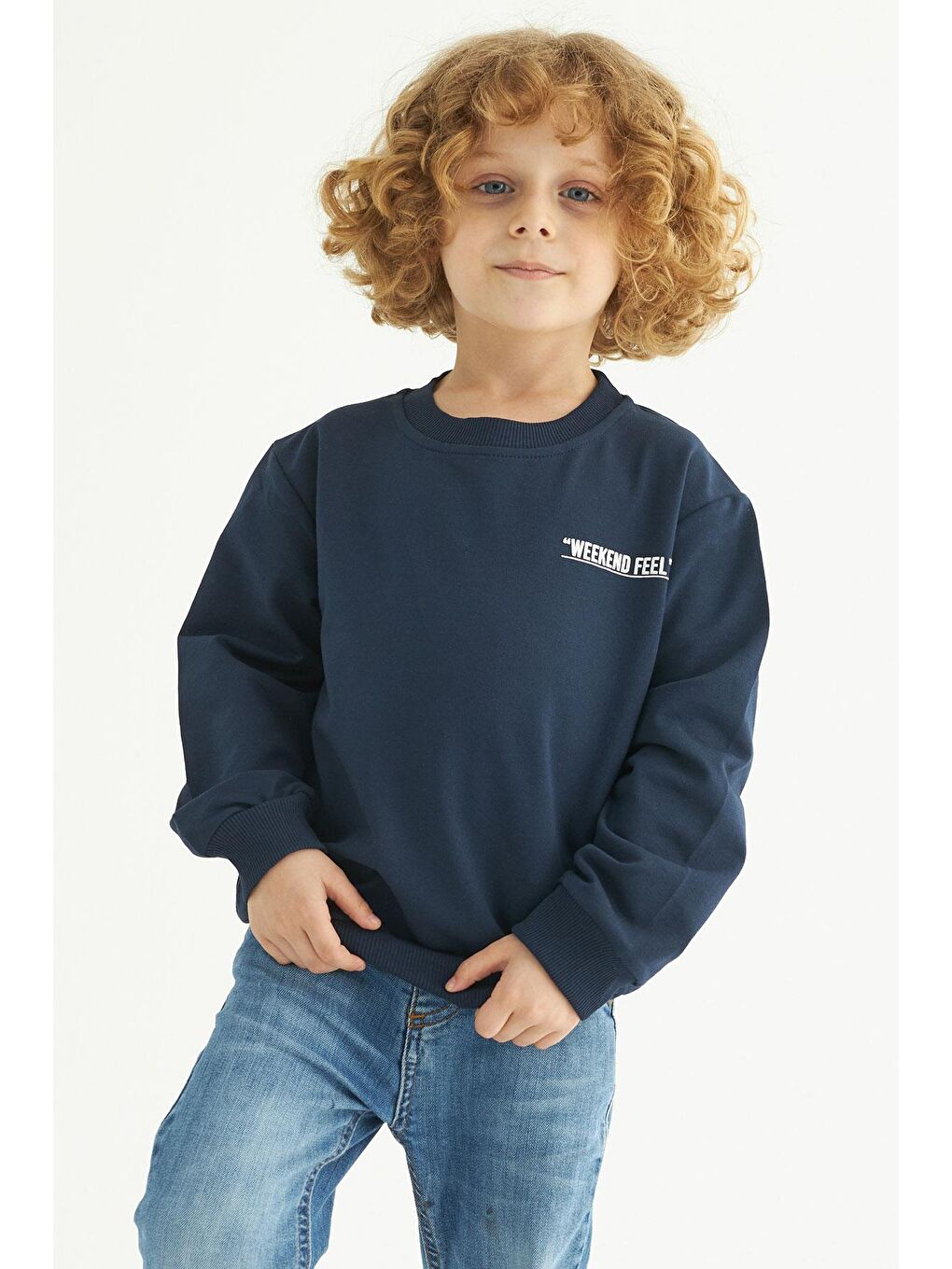 Lacivert Bisiklet Yaka Weekend Feel Baskılı Erkek Çocuk Sweatshirt-3