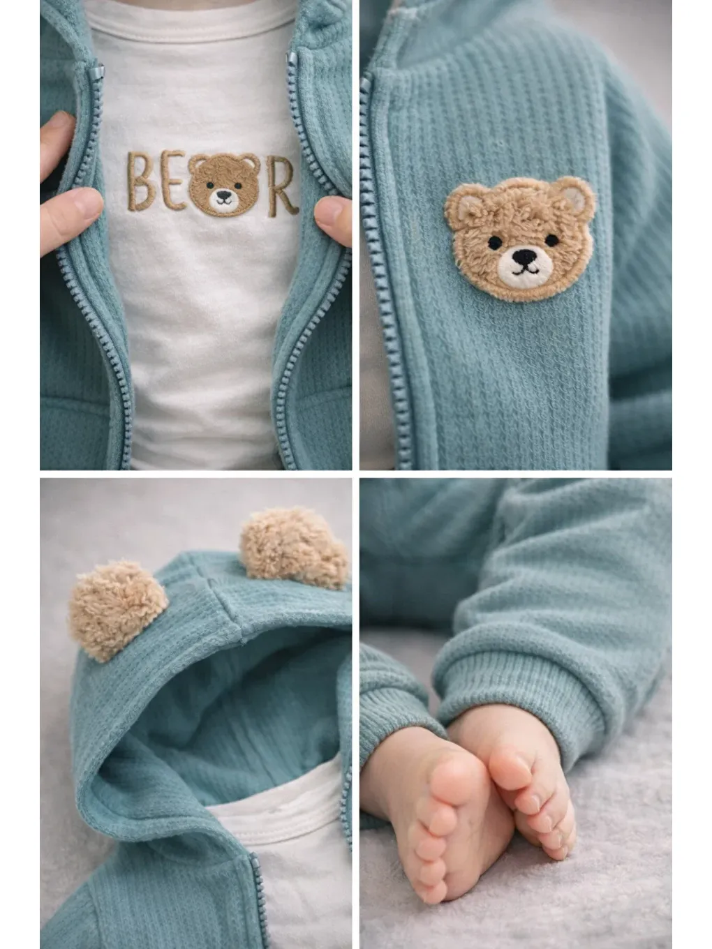 Yeşil Ayıcık Kulaklı Waffle Kumaş Hırkalı 3’lü Bebek Takımı (6-24 Ay)-3