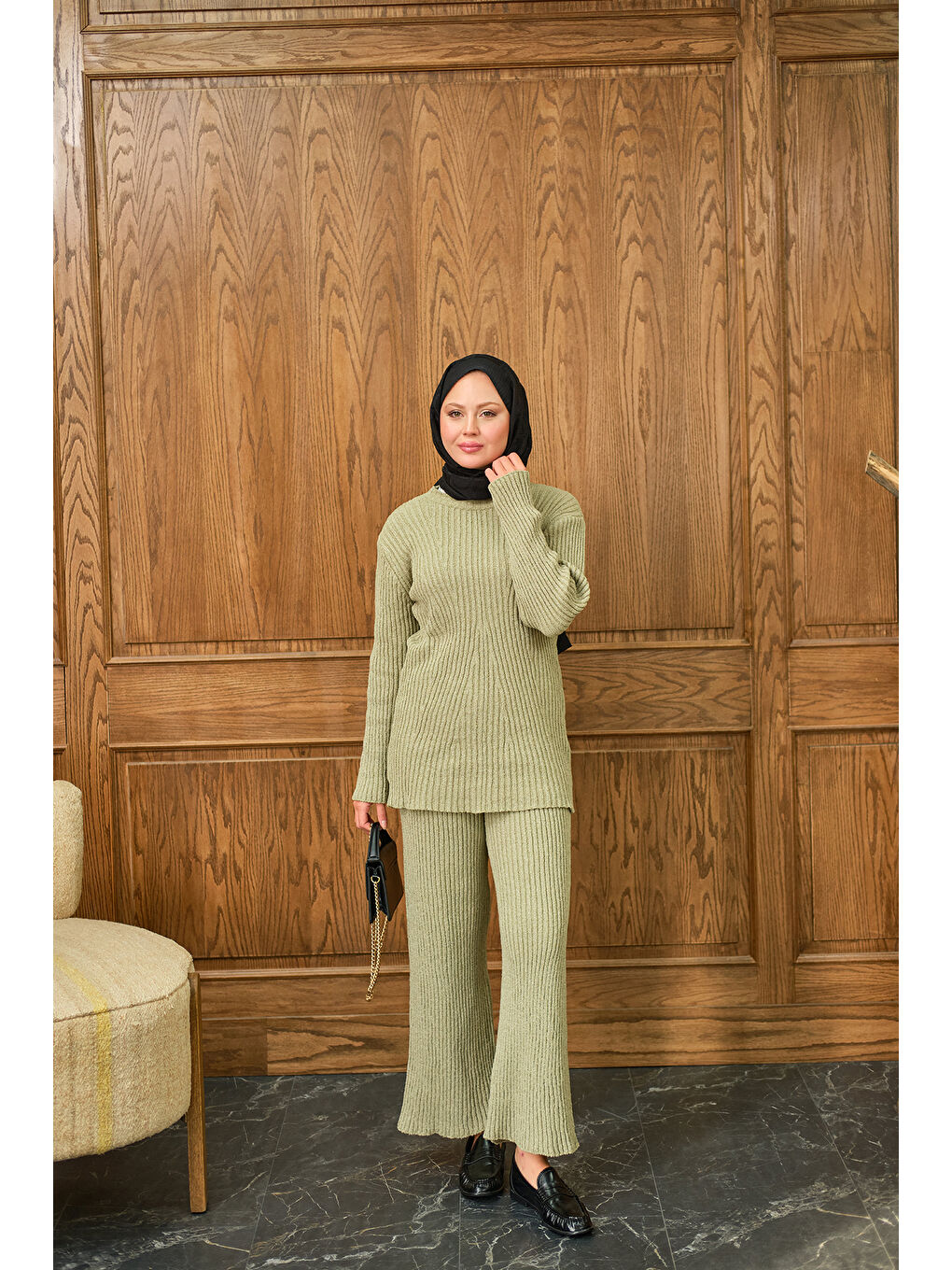 Kadın Bisiklet Yaka Triko Takım Yeşil-1