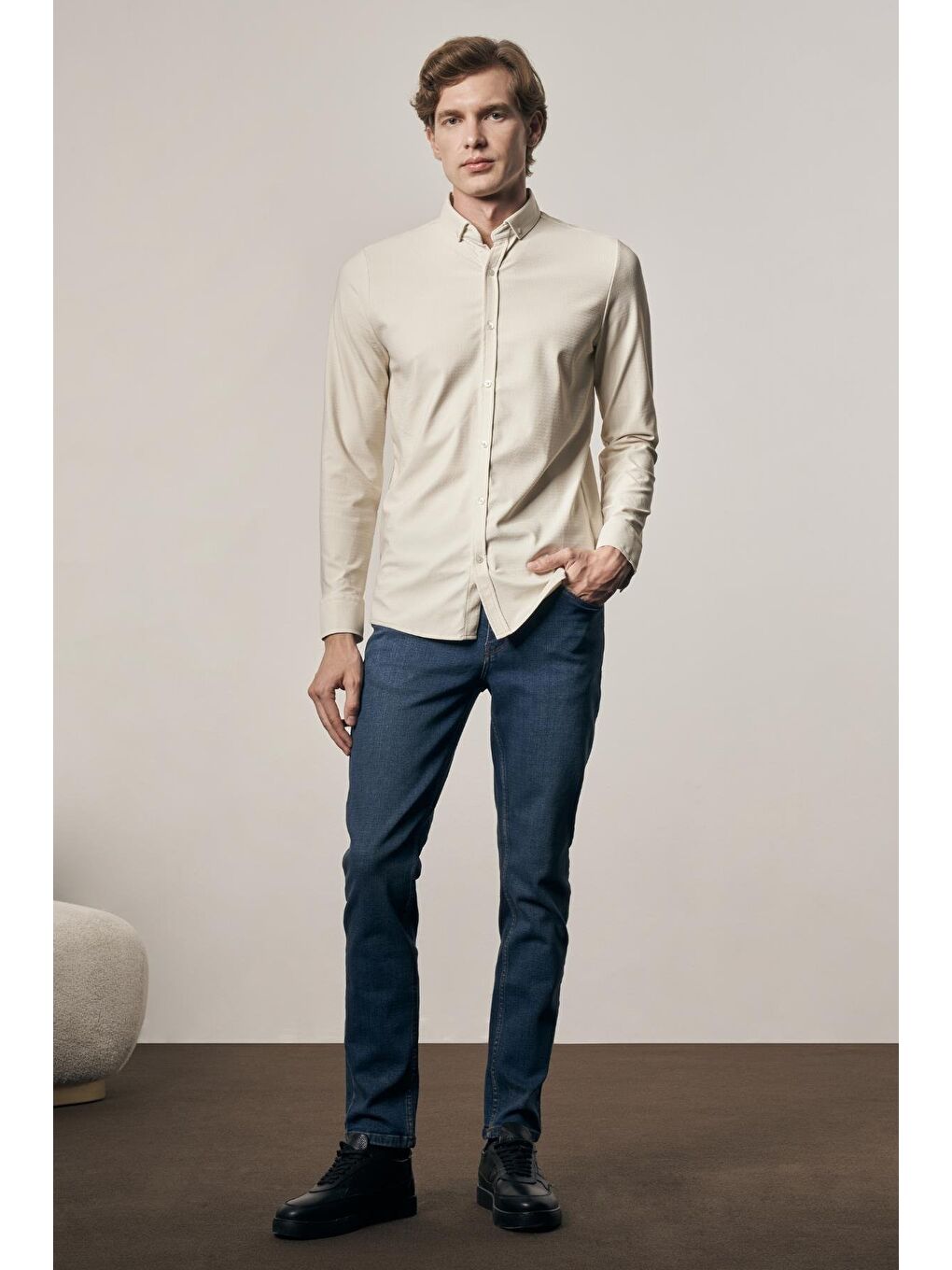 Bej - Beyaz Smart Düğmeli Yaka Uzun Kol Cepsiz Slim Fit Casual Gömlek 1004255165