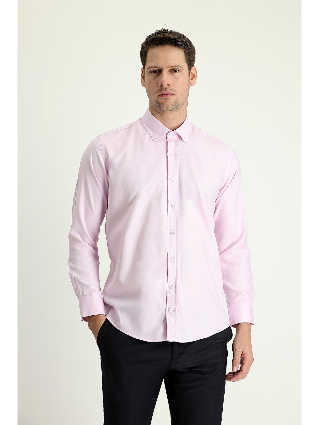 Pembe Uzun Kol Slim Fit Dar Kesim Oxford Pamuk Düğmeli Yaka %100 Pamuk Gömlek-1