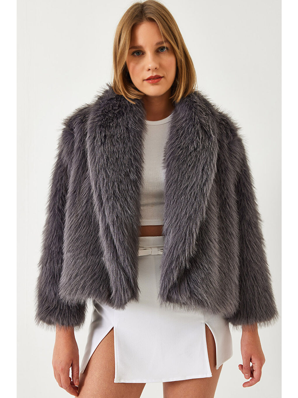 Antrasit Kadın Premium Suni Kürk Ceket