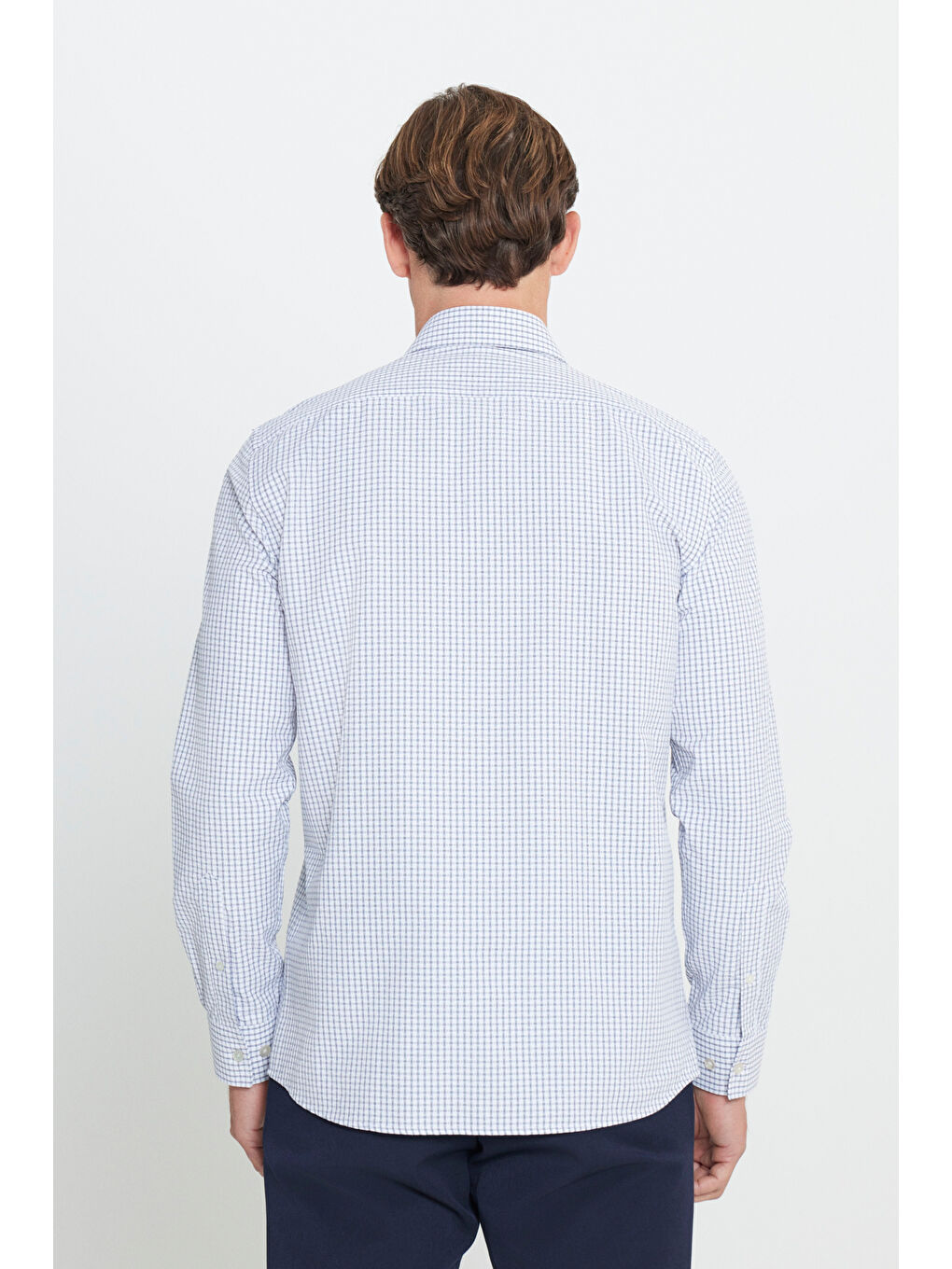 Erkek Beyaz-Lacivert Pamuklu Oxford Slim Fit Dar Kesim Klasik Yaka Armürlü Gömlek-4