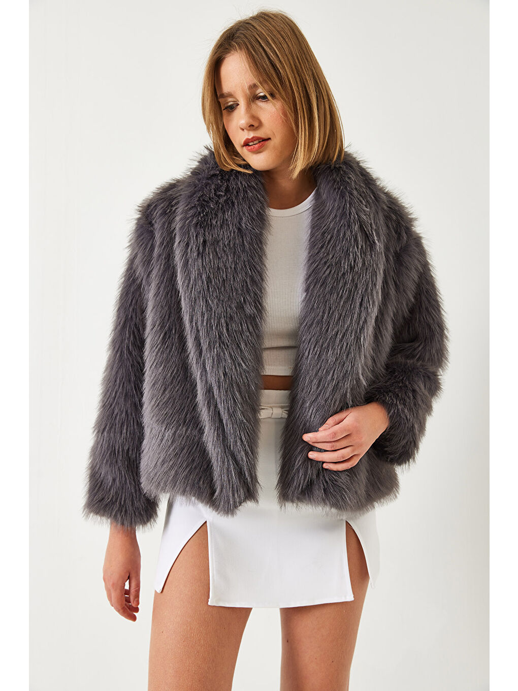 Antrasit Kadın Premium Suni Kürk Ceket-1