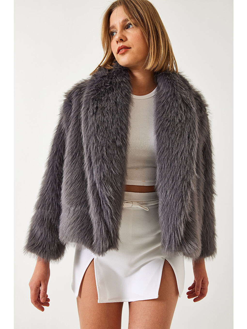 Antrasit Kadın Premium Suni Kürk Ceket-2