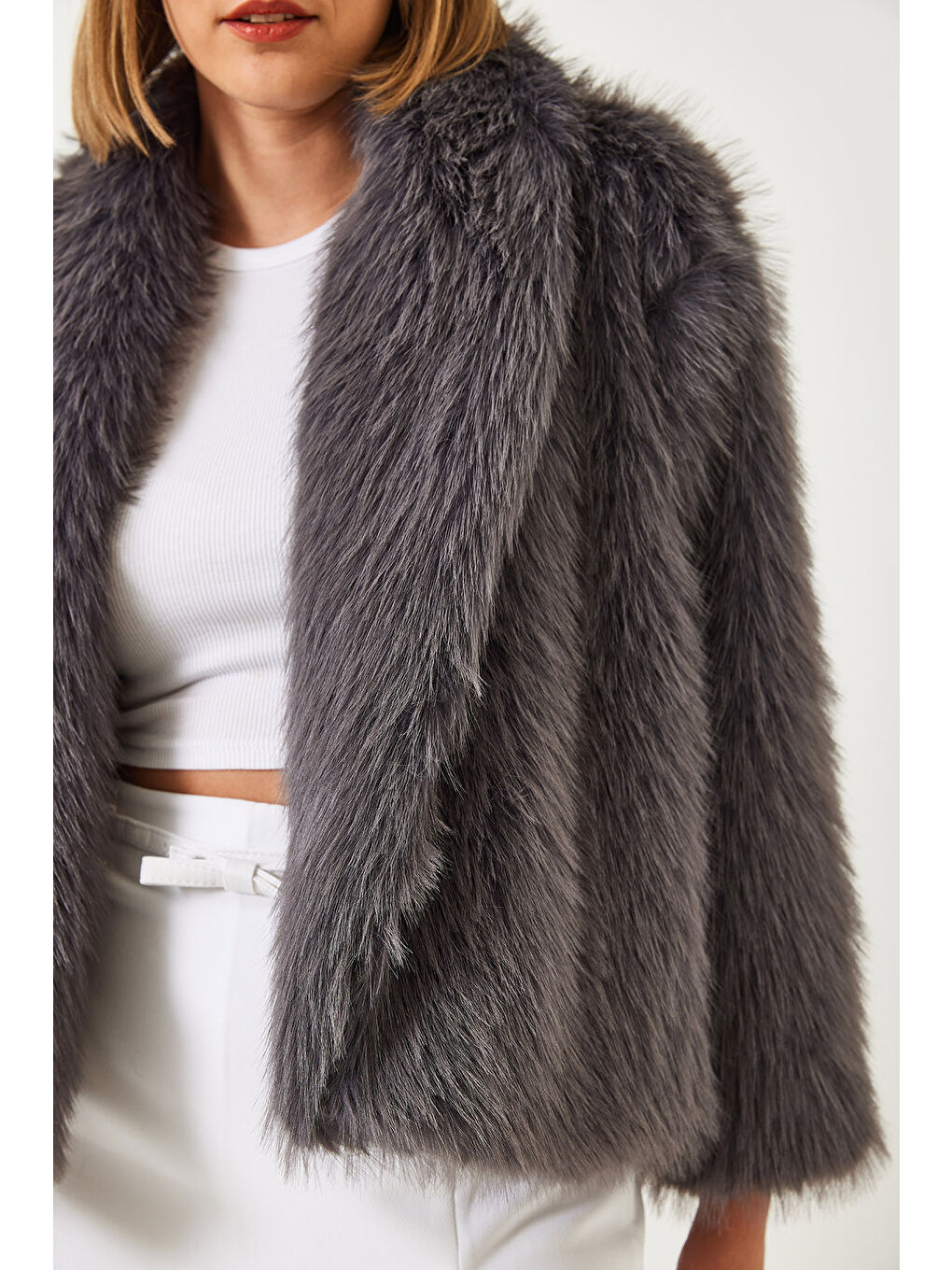 Antrasit Kadın Premium Suni Kürk Ceket-3