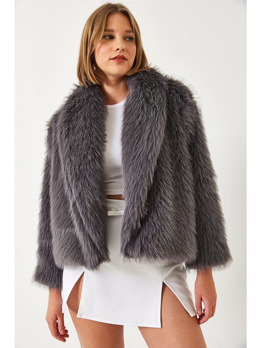 Antrasit Kadın Premium Suni Kürk Ceket-5