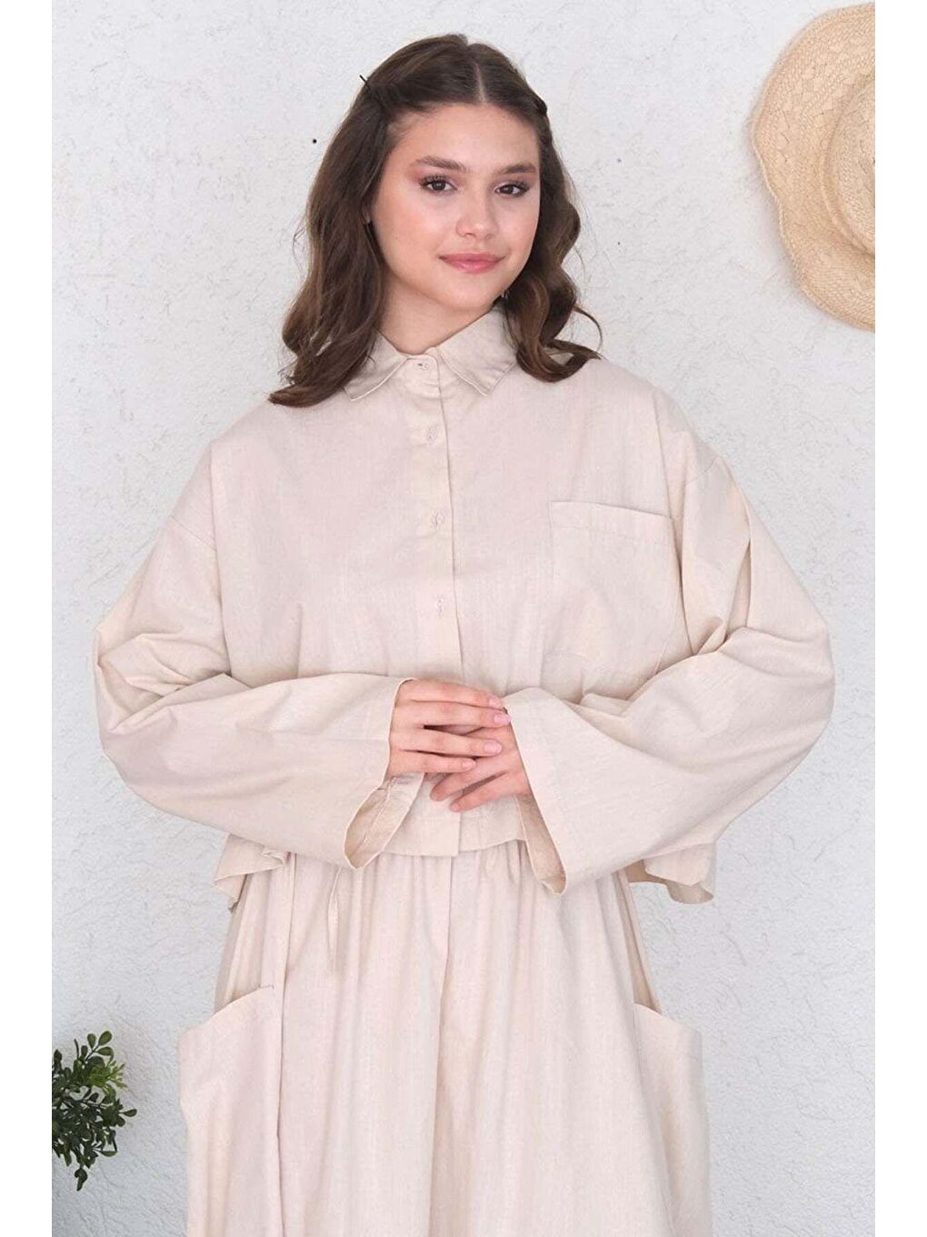 Ekru Krem Organik Keten Cepli Crop Gömlek & Cepli Etek-5