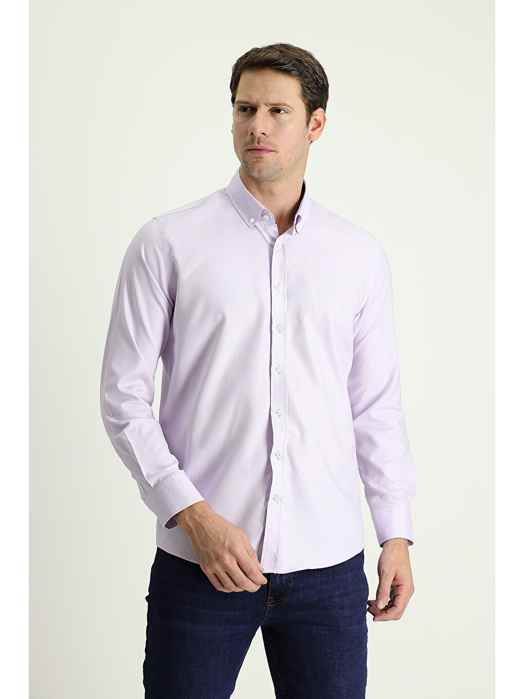 Lila Uzun Kol Slim Fit Dar Kesim Oxford Pamuk Düğmeli Yaka Gömlek-1