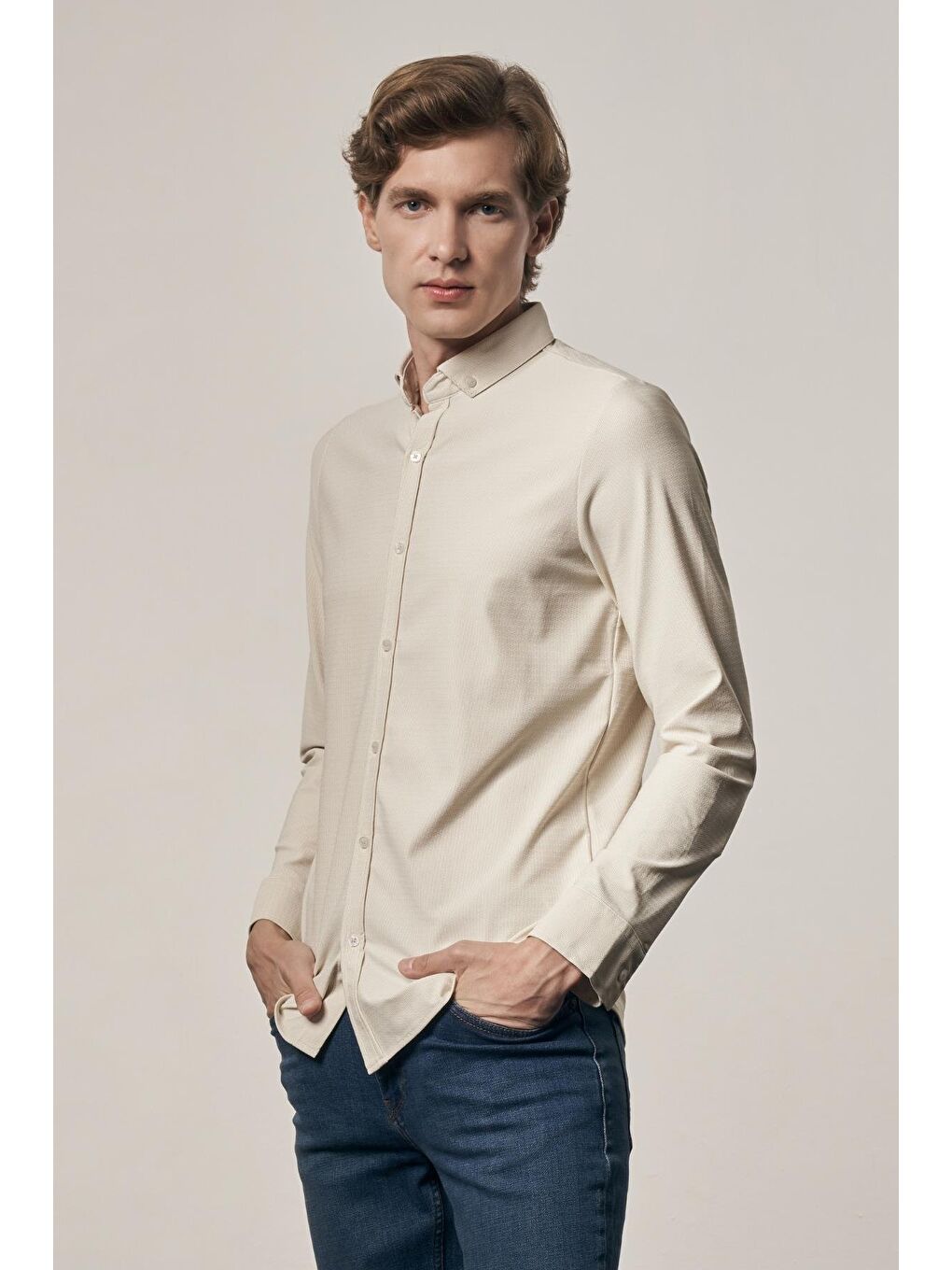 Bej - Beyaz Smart Düğmeli Yaka Uzun Kol Cepsiz Slim Fit Casual Gömlek 1004255165-2