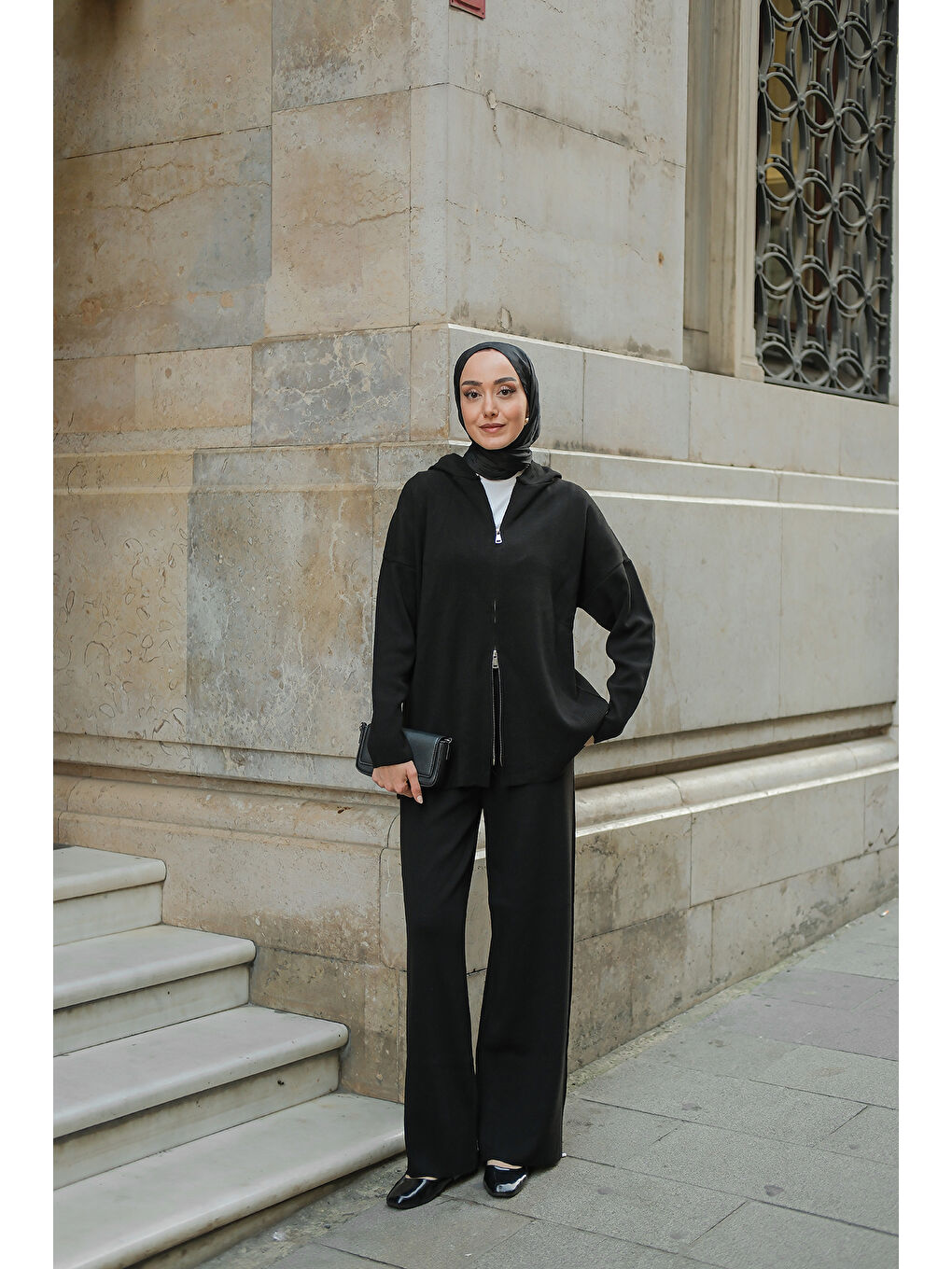 Kadın Kendinden Desenli Triko Takım Siyah