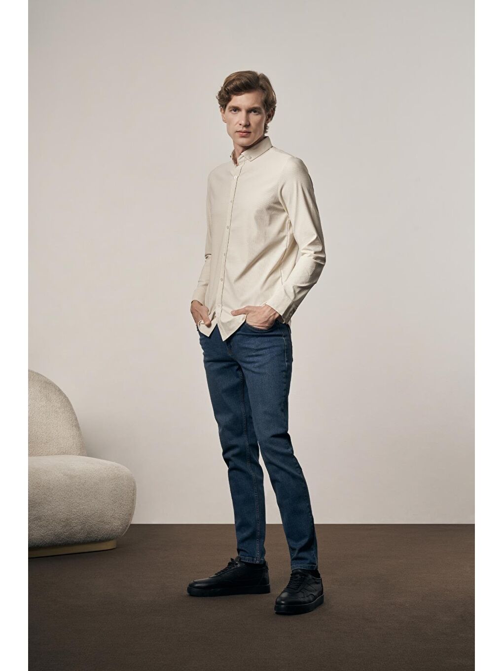 Bej - Beyaz Smart Düğmeli Yaka Uzun Kol Cepsiz Slim Fit Casual Gömlek 1004255165-3