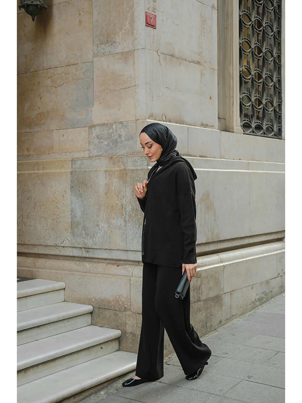 Kadın Kendinden Desenli Triko Takım Siyah-1