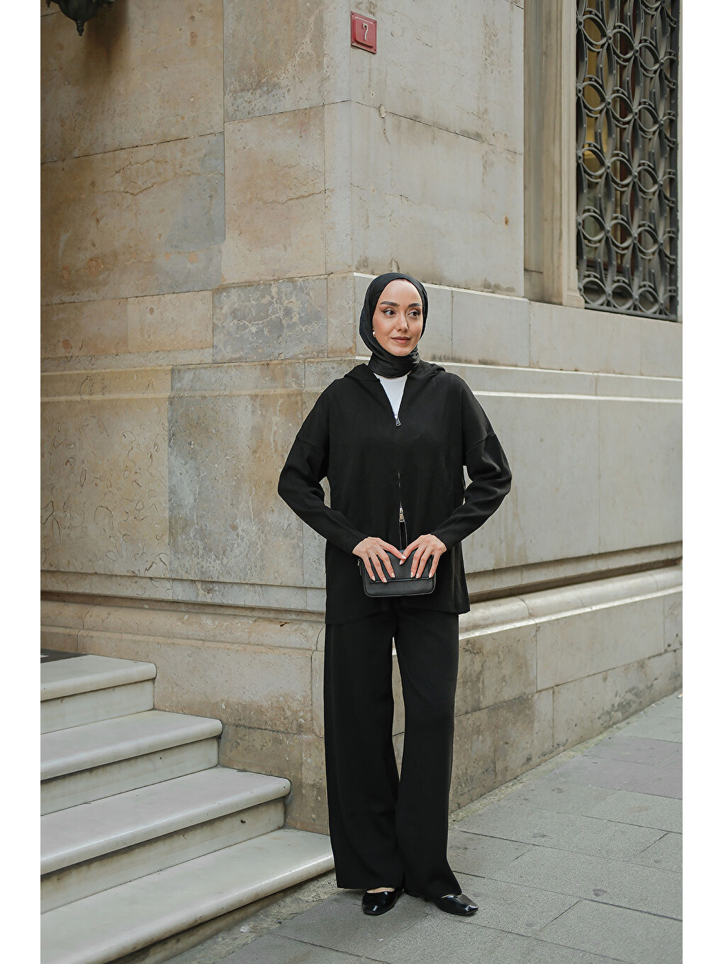 Kadın Kendinden Desenli Triko Takım Siyah-2