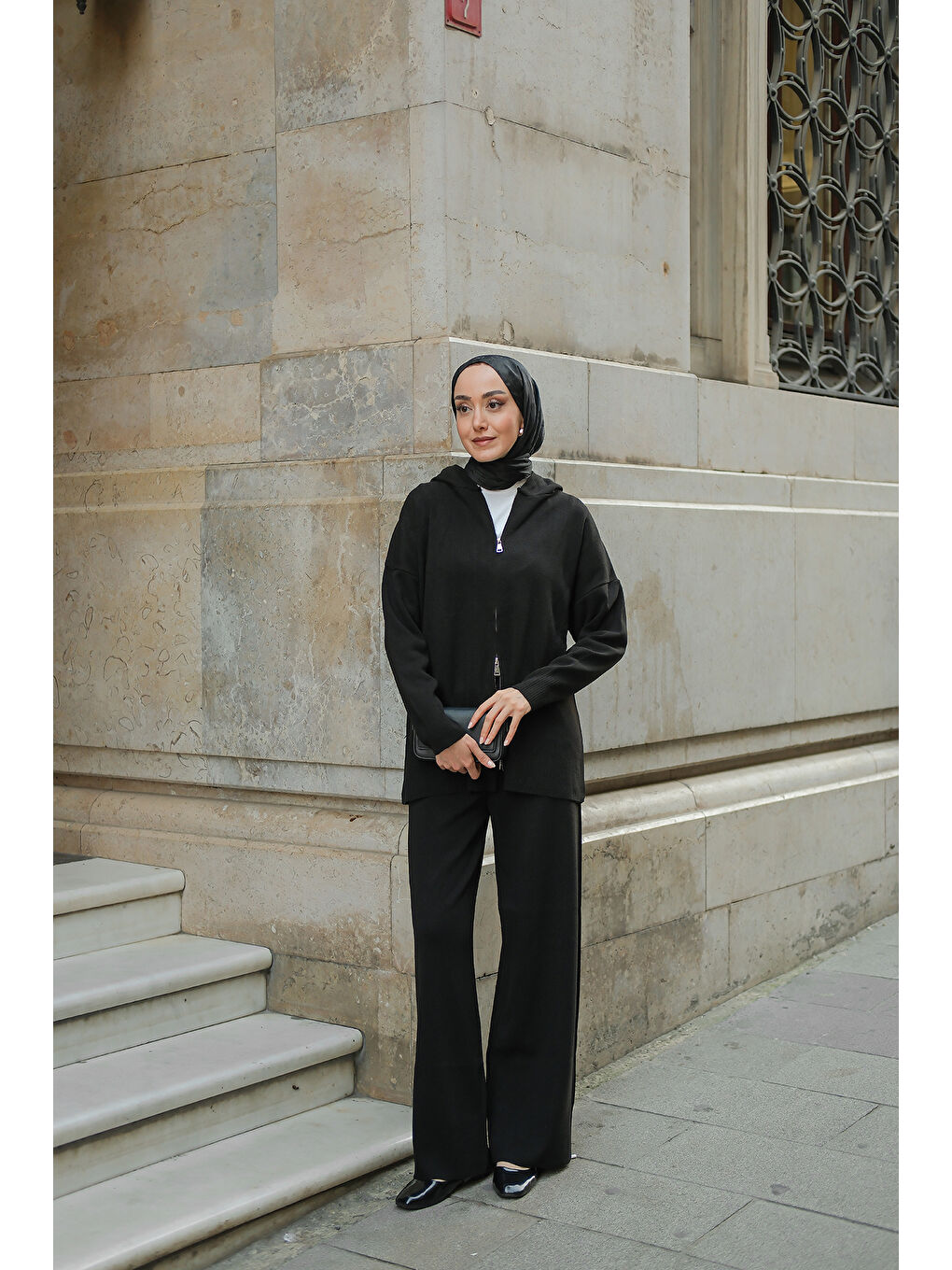 Kadın Kendinden Desenli Triko Takım Siyah-3